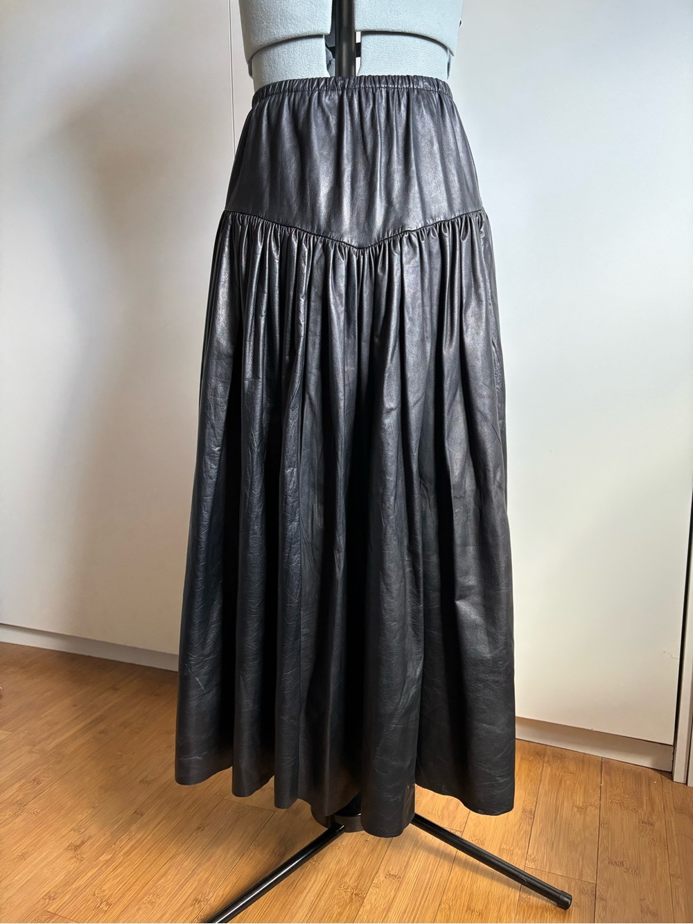 Vintage Black Genuine Leather Maxi Skirt